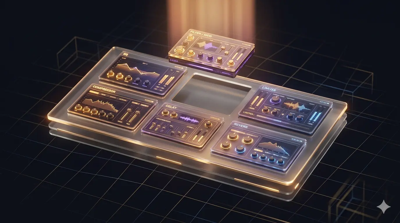 A glowing rack of custom audio plugins — your personal collection