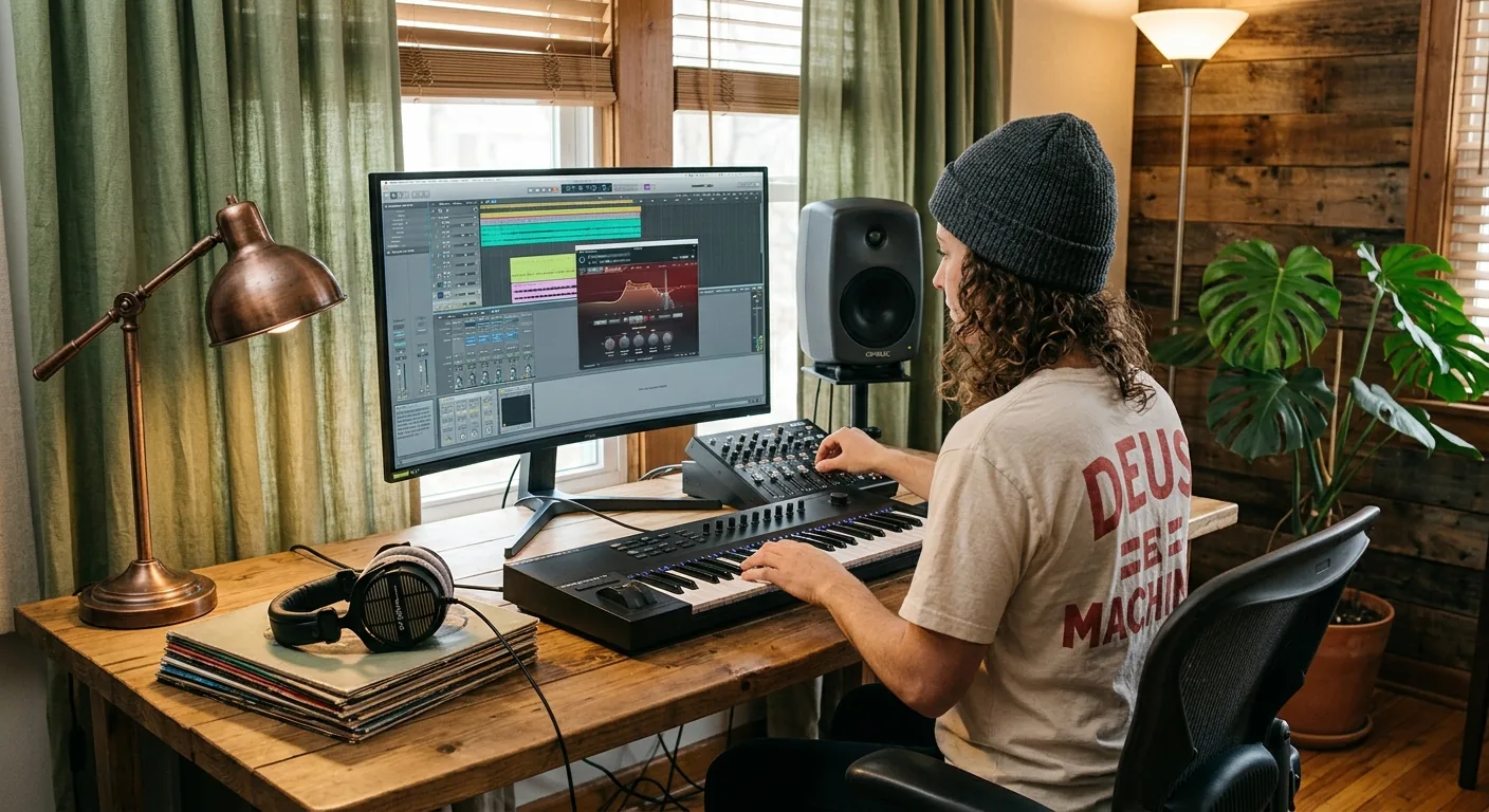 A producer working in their DAW with a plugin open